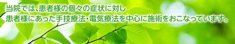 当院では、患者様の個々の症状に対し患者様にあった手技療法・電気治療を中心に施術をおこなっています。